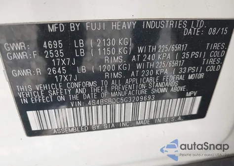 2016 Subaru Outback 2.5I Premium from USA, damaged, VIN 4S4BSBDC5G3209693